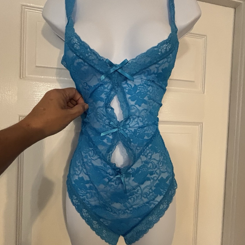 Frederick's of Hollywood Blue Lace Teddy Bodysuit L Sheer Lingerie Sexy Boudoir
